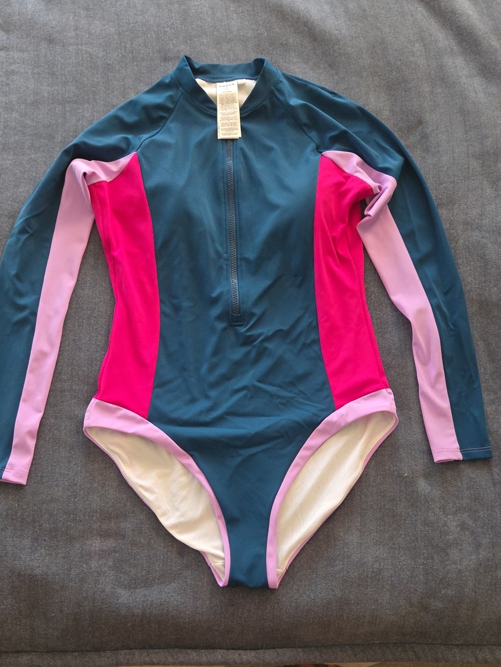 Boden Blue Long-Sleeve Zip Front Rash Guard with Pink Panels